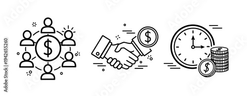 Business collaboration icons: teamwork, partnership, time management, investment