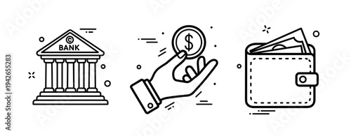Banking concept: bank building, hand holding coin, wallet with cash icons