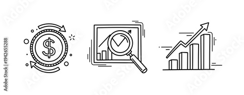 Financial growth illustration with money, analysis, and rising graph icons