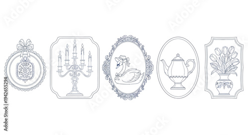 Elegant Vintage Ornate Frame Collection with Classic Line Art Illustrations Decorative Candelabra, Graceful Swan, Teapot, and Floral Vase Motifs for Refined Design Projects