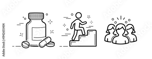 Healthcare progress icons: medicine, lifestyle, community support