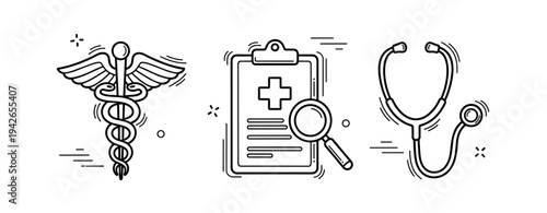 Medical symbols: caduceus, health checklist, and stethoscope iconography
