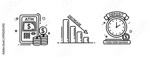 Atm transactions, financial decrease, and fixed-term savings concept illustration