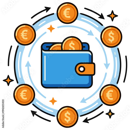 A blue wallet with coins and currency symbols circulating around it.