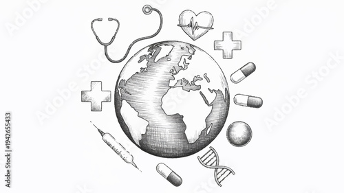 Global healthcare and medical concept with earth surrounded by stethoscope pills and medical symbols in a circular pattern