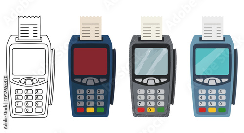 Four payment processing terminals with receipts displayed on screens against a white background, illustrating secure transaction devices