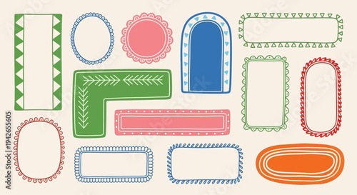 A delightful collection of hand-drawn decorative frames and whimsical borders in various shapes and pastel colors, perfect for creative design projects and embellishments