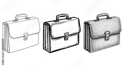 A detailed collection of three hand-drawn business briefcases, showcasing distinct artistic styles from clean outline to rich stipple shading, perfect for professional and corporate design concepts