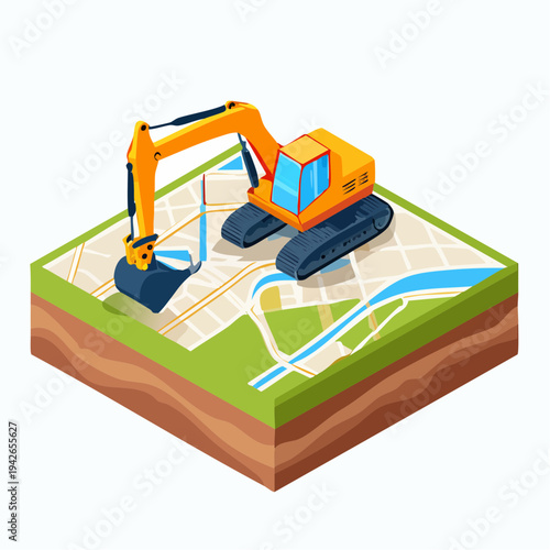 An excavator digs on a map with a river and roads nearby outdoors.