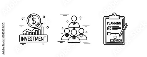 Business strategy concepts: investment, teamwork, and planning execution icons