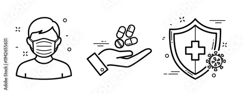 Healthcare symbols featuring masked person, medicine, and health shield with virus icon