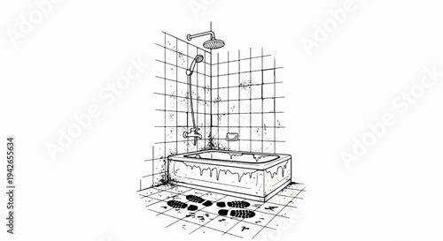 Dirty bathroom with tiled walls, tub, and floor, showing mold and footprints