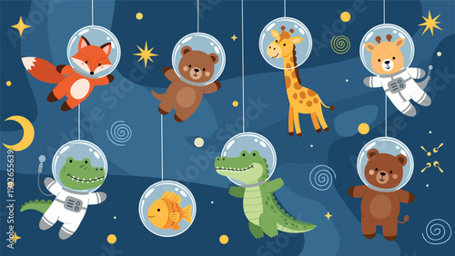 A whimsical collection of cute cartoon animals, including a fox, bear, and giraffe, floating in outer space wearing astronaut helmets among stars.