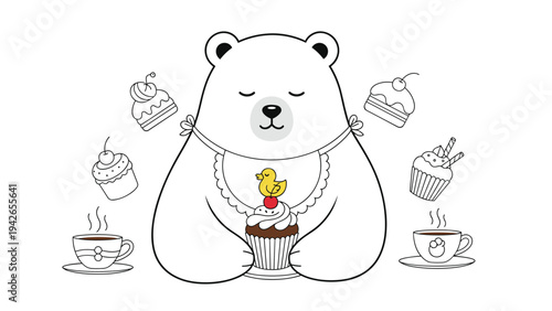 A charming coloring page illustration of a content polar bear surrounded by sweet treats like cupcakes and coffee, perfect for children and adults.