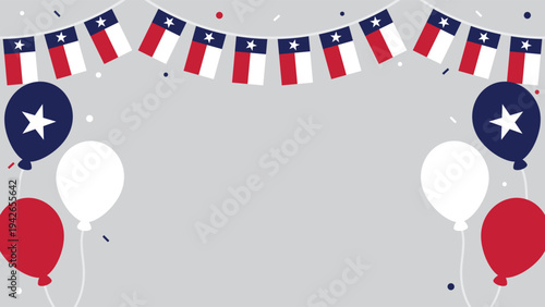 Cheerful Texas celebration background illustration with the Texas flag party bunting, balloons and confetti. Flat design illustration.
