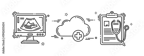 Healthcare technology icons: ultrasound, cloud storage, medical clipboard
