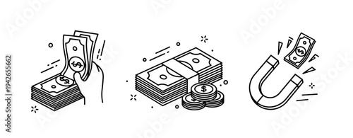 Hand holding money, stacks of cash, and money magnet drawings