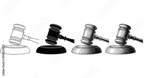 Four styles of a gavel on a sounding block, line art, silhouette, and shading