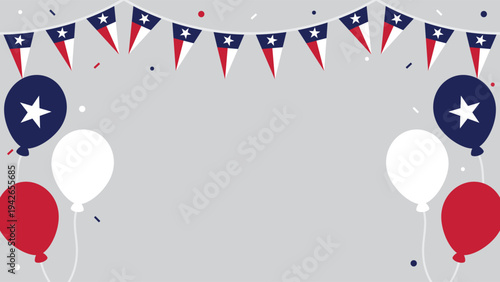 Cheerful Texas celebration background illustration with the Texas flag party bunting, balloons and confetti. Flat design illustration.