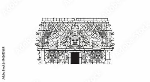 Ornate, ancient stone facade featuring carved faces and geometric patterns