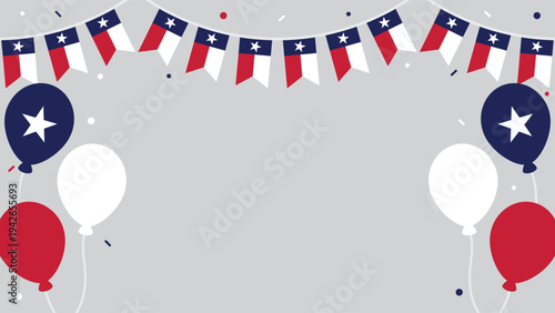 Cheerful Texas celebration background illustration with the Texas flag party bunting, balloons and confetti. Flat design illustration.