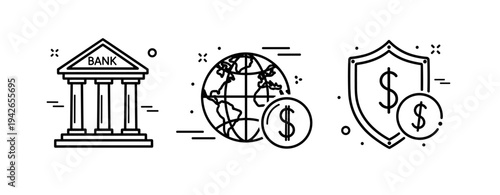 Financial icons set: bank, globe, money shield representing global economy and security