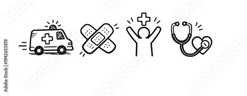 Healthcare icons: ambulance, bandage, medical support, stethoscope