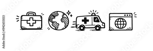 Healthcare icon set: first aid kit, earth, ambulance, web