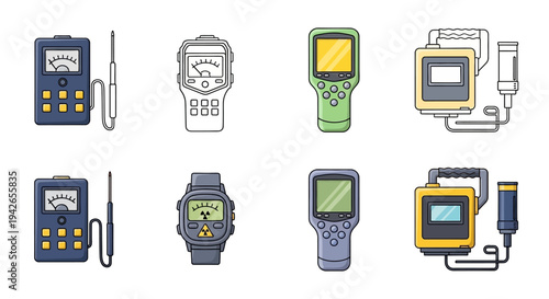 Collection of electronic measuring devices and diagnostic tools for various applications, presented in a clean, vector style