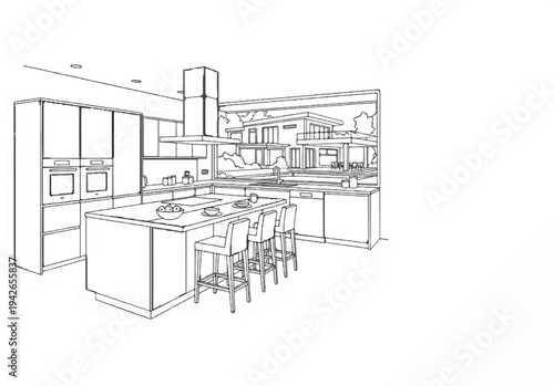 Modern kitchen sketch with island, bar stools, and large window view