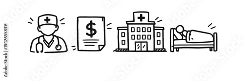 Healthcare cost concept: doctor, billing, hospital, patient in bed icons