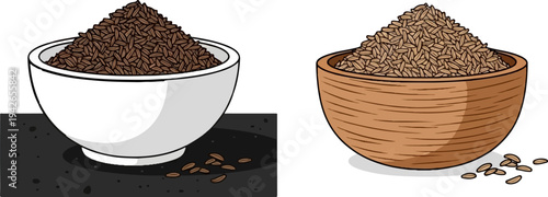 Two isometric bowls brimming with dried cumin seeds, one white, one wooden