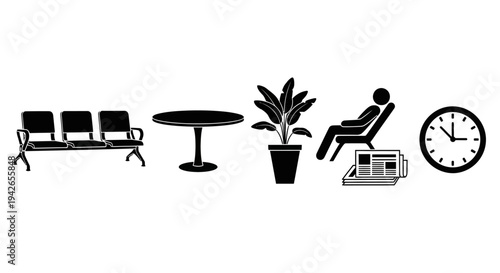 A minimalist illustration showcasing a waiting room scene with furniture, a plant, a person relaxing, and a clock, all in a clean, graphic style