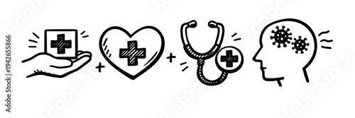 Hand-drawn medical symbols: healthcare, heart, stethoscope, mental health
