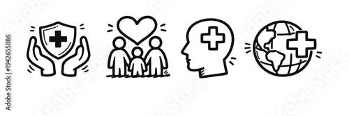 Healthcare symbols: protection, family, mental health, global care