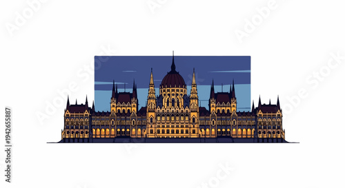 Ornate, illuminated building facade with a central dome and spires against a twilight sky