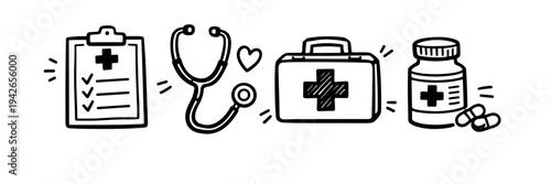 Medical icons: clipboard, stethoscope, first aid kit, medication bottle