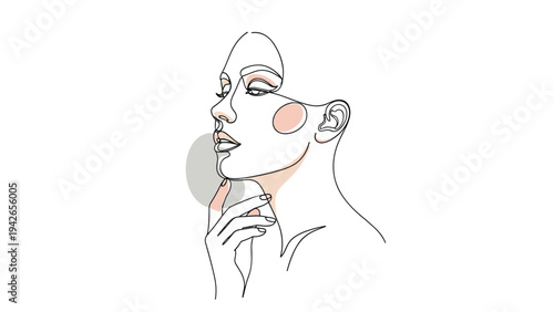A minimalist and elegant continuous line drawing of a beautiful woman's face in profile, with abstract color shapes adding a modern, artistic touch.