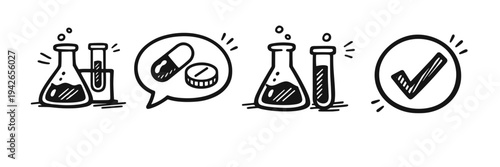 Science icons: beakers, pills, and checkmark illustrations