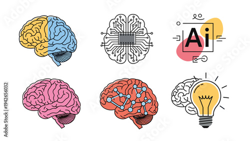 Human brain concept icons representing artificial intelligence, creative thinking, neurological networks, and psychological health.