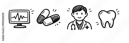Medical doodles: heart monitor, pills, doctor, tooth icon set