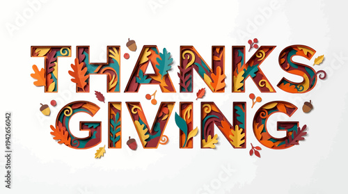 Paper Cut Style Thanksgiving Typography Featuring Autumn Leaves Acorns and Berries on a Clean White Background for Seasonal Celebrations