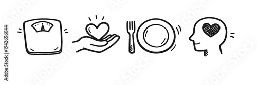 Healthy living icons: weight scale, heart in hand, plate with fork, mindful head