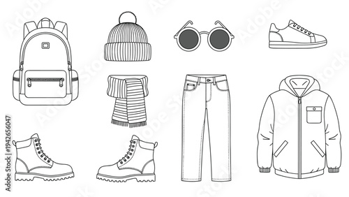 Selection of winter and casual fashion accessories and clothing line icons including backpack, jacket, boots, and warm knit hat.