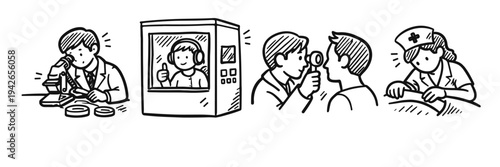 Medical professionals: lab work, broadcasting, eye exam, patient care illustration