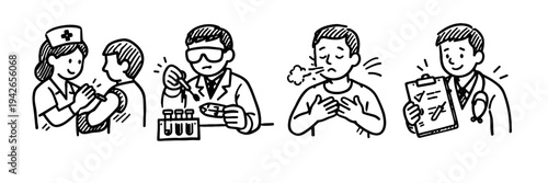 Cartoon illustration of healthcare scenarios with medical professionals and patients