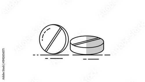 Pair of medicinal pill tablets in a simple line art style representing pharmacy products, healthcare, and pharmaceutical treatments.