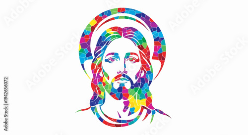 Vibrant, mosaic-style depiction of a religious figure's face with a halo