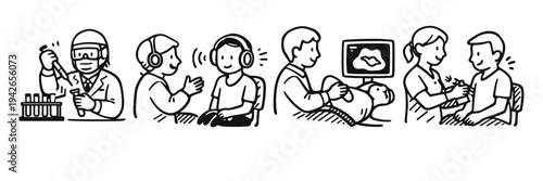 Sequence of medical examinations: lab testing, hearing test, ultrasound, vaccination