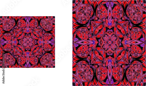 Intricate red, purple, and black geometric kaleidoscopic pattern